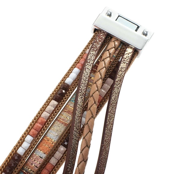 Boho Vegan Leather Multicolor Beads Magnetic Closure Bracelet - Picture 5 of 7